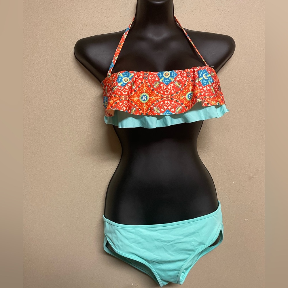 Victoria's Secret Aqua Bikini 3 pc set Fringe Halter and Ruffle Bandeau